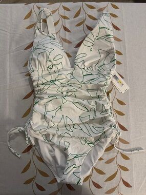 DKNY White One-Piece Swimsuit with Green Line Print